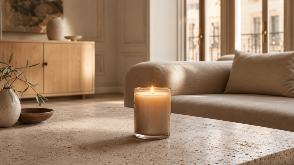 Bougie parfumée haut de gamme dans un salon élégant aux tons naturels.