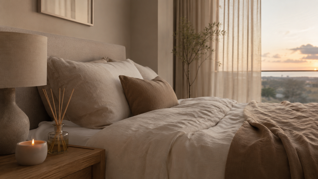 Chambre à coucher élégante avec diffuseur à bâtonnets et ambiance parfumée apaisante.