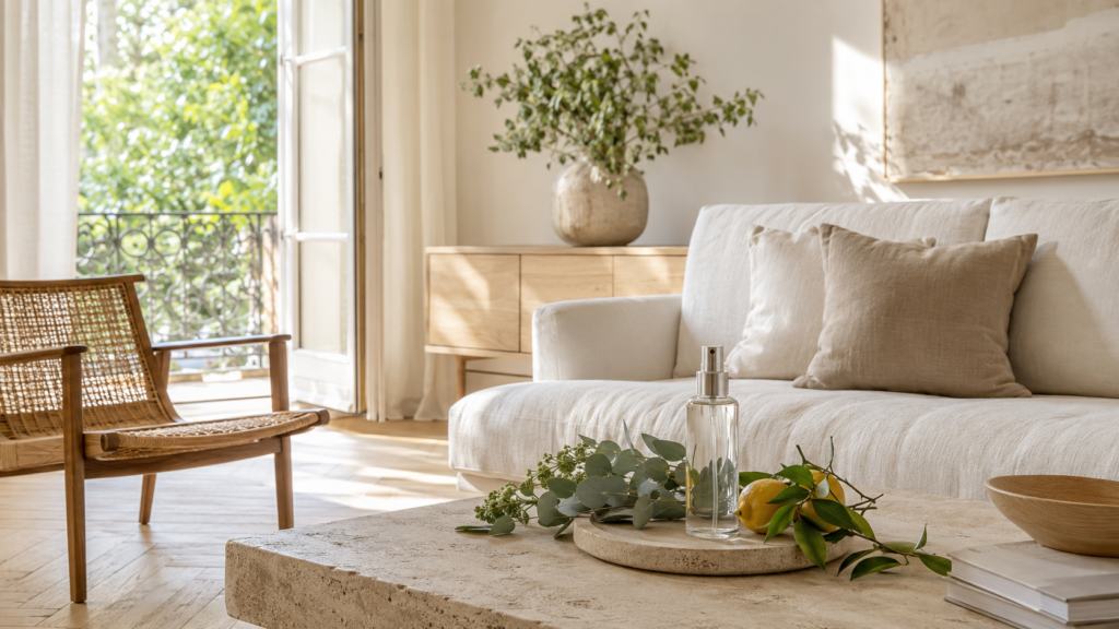 Spray désodorisant maison élégant dans un salon lumineux au style minimaliste.