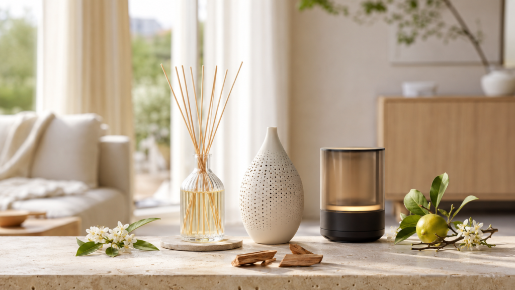 Diffuseurs de parfum en verre et en céramique présentés dans un intérieur élégant et lumineux.