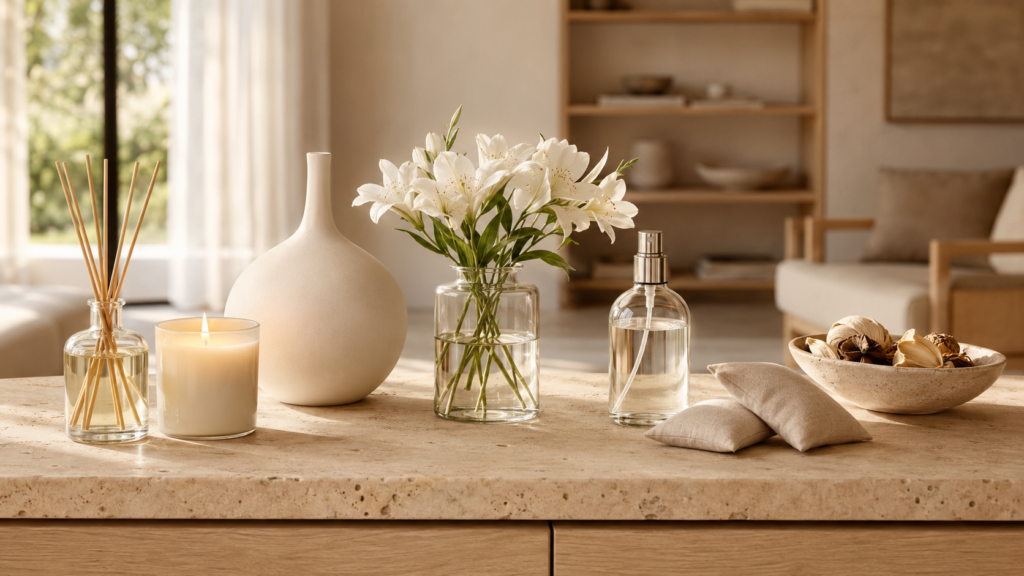 Idées pour parfumer - Solutions élégantes  : diffuseur à bâtonnets, bougie parfumée, fleurs fraîches et sachets parfumés.