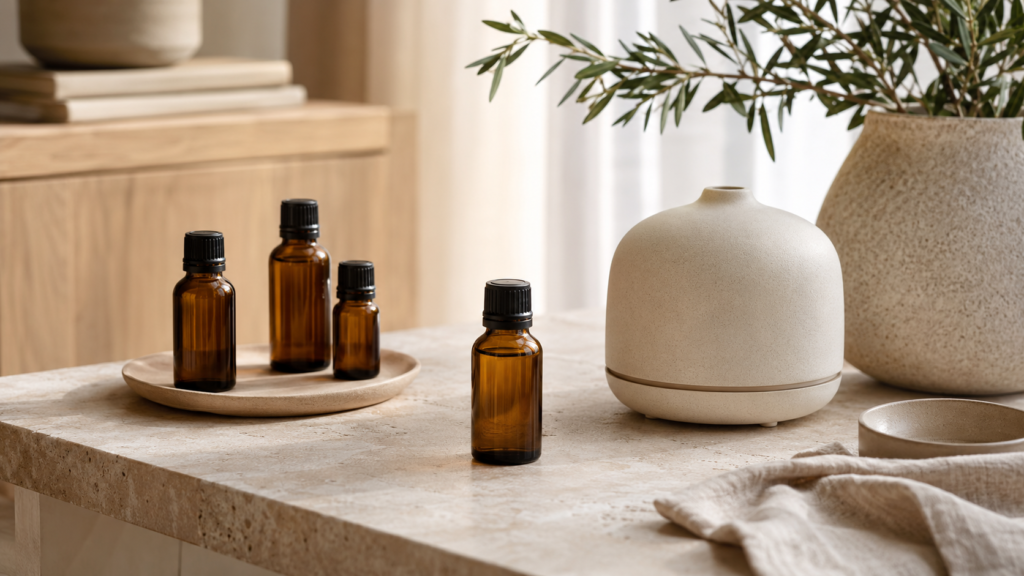 Huiles essentielles et diffuseur présentés dans un intérieur élégant pour illustrer les risques et précautions d’utilisation.
